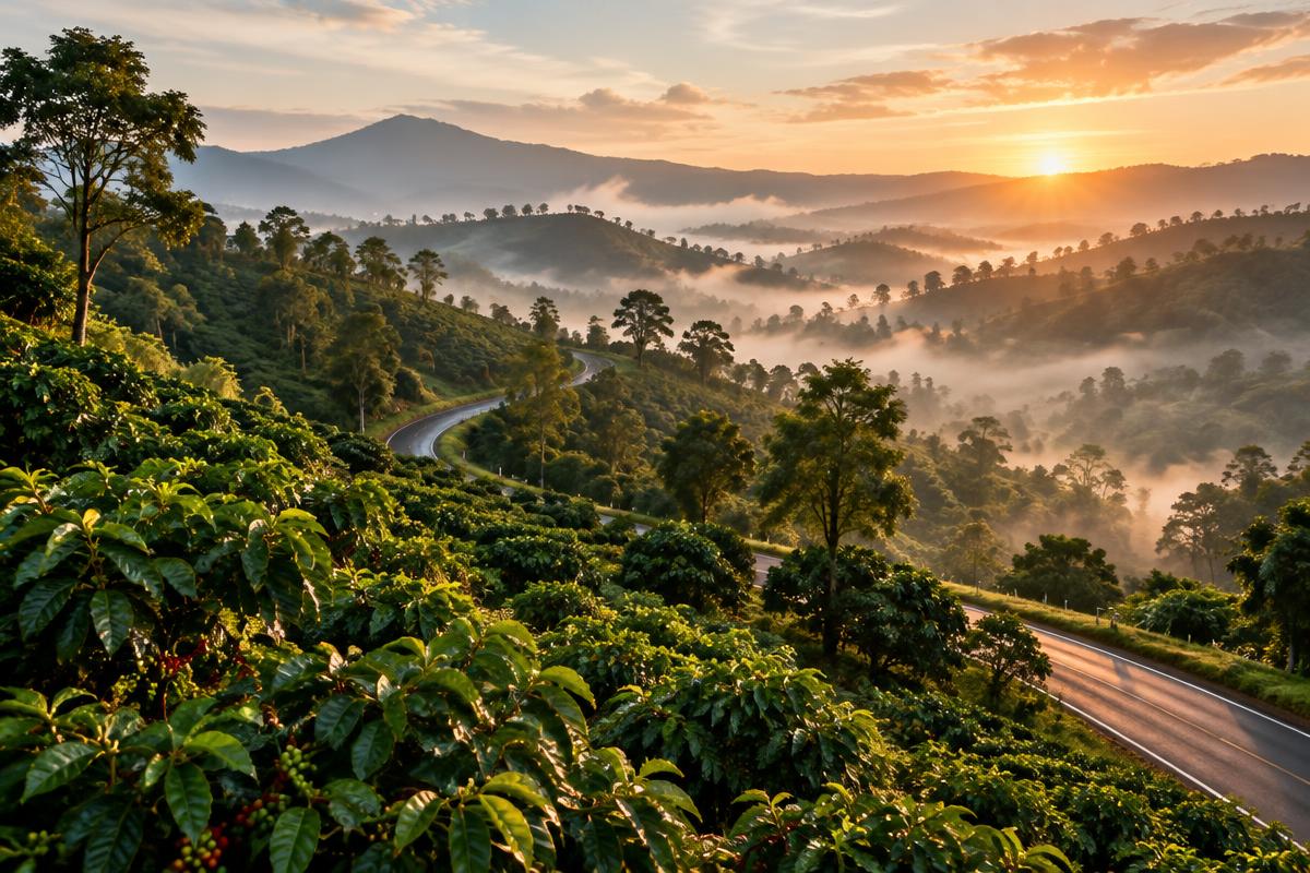 Misty coffee hills of Chikmagalur at sunrise